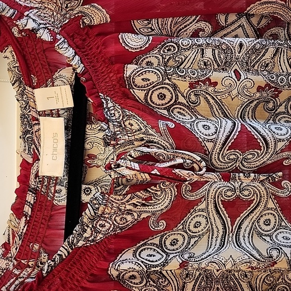 Chico’s Red Shear Tunic Blouse cinched @Waist sz 1 - Picture 2 of 10